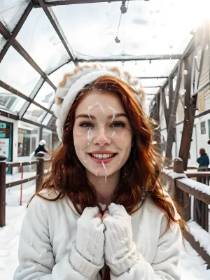 very cute tall young 18 years old skinny red-haired girl, thin face, ((winter clothes)), in a fur coat with a fur collar, fluffy fur hat, (knitted mittens), ((white clothes)), sweet wide smile, hands near her face, (((winter park))), snow around, sunny winter day, golden sun rays, (a lot of cum on face:1.2), (cinematic style), <lora:Style-Winter:.5>, <lora:CineStyle5:.5>, <lora:cohf:.5>, <lora:MS_Real_Facial_Lite:.5>