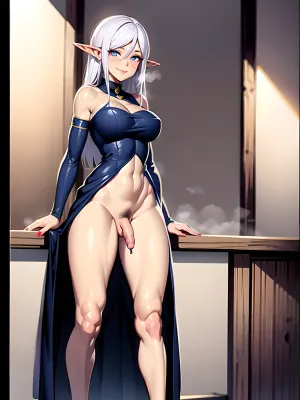 Fuatanri, eine schöne Frau mit langen weißen Haaren und blauen Augen, stand vor dem Spiegel mit ihrem glatten Körper und großen Hoden. Sie lächelte, als sie Linien auf ihrem nackten Körper skizzierte und sich in verschiedenen Positionen vorstellte. Ihre Brüste