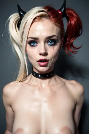 woman, dt69, <lora:dt69:.5>, Harley Quinn blue eyes, gagging, crying, messed up makeup, ultra realistic image, porn, detaled face, detaled penis, tears, fucked. Deepthroat, face fuck. Big dick