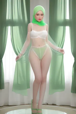 Das junge erwachsene Mädchen in Pastell grün transparent Hijab, Tasse-a Größe Brüste, Brünette Haare, grüne Pastell transparent Hijab, Vollkörper Blick saß auf der Couch in ihrem Wohnzimmer. Sie hat durch ihr Telefon geblättert, als
