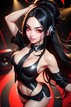 La chica con el pelo negro y los ojos escarlatas bailaba a la música, su cuerpo perfecto balanceándose al ritmo. Tenía un pequeño pecho y un pelo largo, pero su cara era bonita con una máscara negra. Su traje era perfecto para el