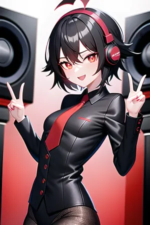 La chica con pelo negro y rojo bailó a la música, sus gráficos perfectos y la imagen de 8k haciendo que se destaque en la multitud. Tenía ojos escarlatas que la hacían ver aún más atractiva. Sus pechos pequeños eran pervertidos y perfectos