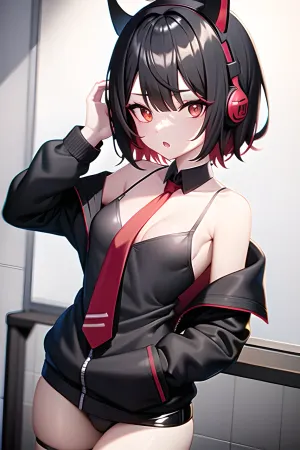 La chica con pelo negro y rojo, usando una camisa negra con pechos pequeños, pelo corto y pantalones negros estaba sentado frente a su computadora. Estaba mirando fotos pornoográficas de chicas con pelo corto y ojos escarlatas. Sus auriculares eran