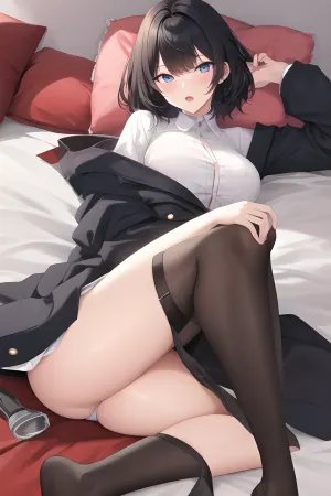 La joven adulta en una camisa desnuda está sentada en su cama, luciendo disgustada mientras mira al espectador. No tiene zapatos y su pelo está por todas partes. Sus brazos están cruzados y parece repugnante