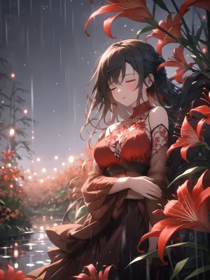 masterpiece, best quality, 1girl, red spider lily, red flowers, blurry, field, (water:1.2), bare shoulder, rain, moonlight, looking at viewer, closed eyes, pov, (on back:1.2), big breasts, see-through, <lora:spider_lily-000010:.8>