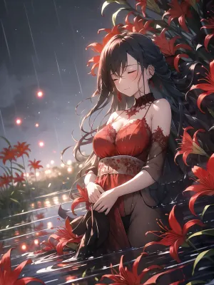 masterpiece, best quality, 1girl, red spider lily, red flowers, blurry, field, (water:1.2), bare shoulder, rain, moonlight, looking at viewer, closed eyes, pov, (on back:1.2), big breasts, see-through, <lora:spider_lily-000010:.8>
