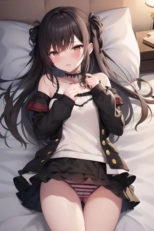 Das große Mädchen lag auf ihrem Bett, trug eine gestreifte Höschen und einen süßen Shortie. Sie war peinlich über das Bild, das sie mit ihrer besten Qualität AI Art Generator gemacht hatte