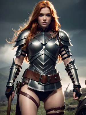 脸色完美,眼睛蓝亮,嘴唇满满满的爱尔兰少女身穿由皮革,蕾丝和袜子组成的野蛮装甲. 她有高定义的HD皮肤毛孔 让她看起来很现实 她的头发是金发,她