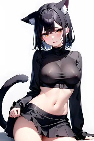 The woman in the picture had a slim body with a pleated skirt and crop top. Her best shadow was visible on her nipples, and she wore simple white background and black metall skin