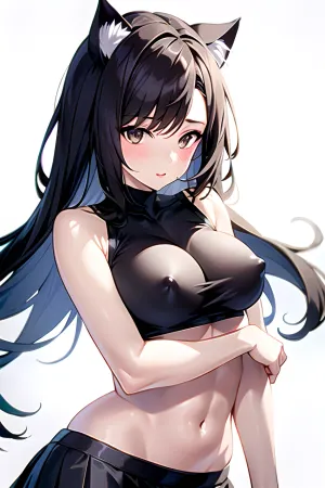 The woman stood in front of the mirror, admiring her latest masterpiece. Her pleated skirt hugged her curves perfectly, while the crop top showed off her slim waist and ample cleavage. She applied a simple white background to complete the look. As she