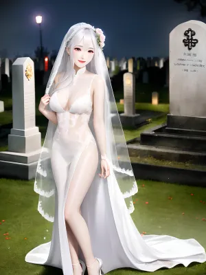night time, transparent wedding dress, raining, wet hair, cemetery, chinese slut, very long white hair, beautiful face, smile, pubic hair, nipples, pale skin, roses, skulls