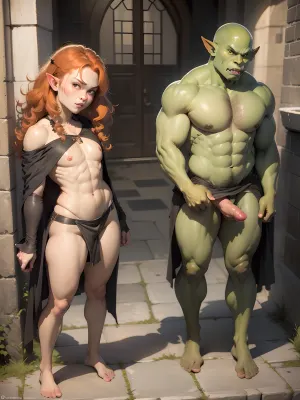 女人和兽人陷入亲密的关节,跪在他面前,双手放在臀部,还有一件红色的柏油迷你裙和白色的学校扣子衬衫