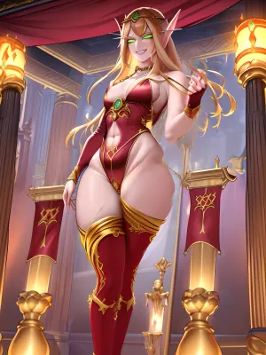 Eine junge Frau mit langen Haaren und einem großen Lächeln steht vor einem Marmortempel und hält ein leuchtendes Bild auf. Sie trägt hochwertige Lederpanzer und hat ein Schwert an ihrer Seite. Der Wind weht durch die Säulen, wodurch sie zu