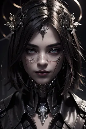 치열한 조정에서, 긴 머리와 슬림 한 여성은 치마와 보석을 착용 볼 수 있습니다. 그녀의 얼굴은 현실적인 특징 및 어두운 배경과 더불어, hyperdetailed 입니다. 빛은 따뜻하고 텍스트는 극적인 빛입니다