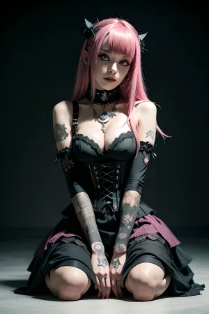 Гот-панк-девушка в своей сексуальной позе сидела на кровати, носила корсет и короткое платье. У нее была фотография себя на телефоне, на которую она смотрела с большой интенсивностью. Ее коленная поза сделана