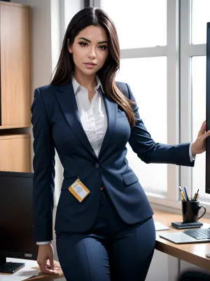 एक उच्च-रिज़ॉल्यूशन photorealistic AI-generated image of a young woman in business attire, खड़े हो जाओ और खड़े हो जाओ, प्रदर्शन पर उसके विशाल स्तन के साथ