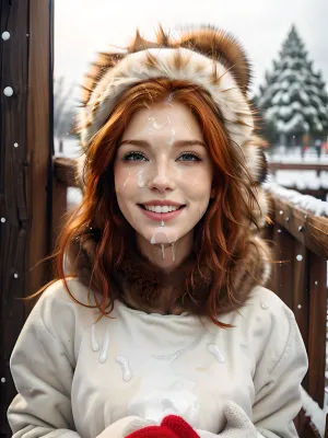 The young girl stood in front of the window, staring out at the snow-covered park. She was wearing a bright red coat with fur trim and furry mittens. Her hair was pulled back into a tight bun, and her face was glowing