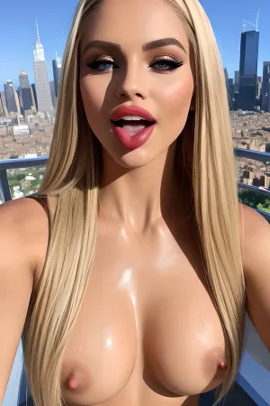 Uma menina deslumbrantemente bonita com olhos perfeitos e uma cara simétrica é mostrada em uma cidade detalhada de um fundo de janela. Seus lábios são finos e sua língua é visível enquanto ela os lambe sensualmente. Seus seios perfeitamente em forma são exibidos no