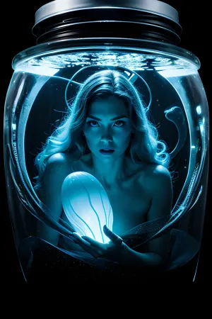 Uma mulher com cabelo luminoso, tentáculos de medusa, e um peixe translúcido nada através das profundidades mais escuras do oceano em uma história de humor que evoca a beleza e o perigo do outro mundo