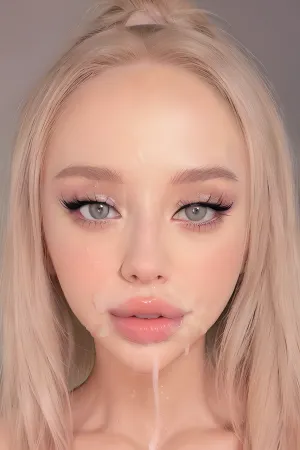 wide angle, (half-length), parted lips, beautiful 20 year old white woman with blonde hair, blush, (gray background), looking at camera, (detailed face and eyes), photo referenced, best quality, ultra high res, (photorealistic:1.4), <lora:BimboMakeup_v1:1>, <lora:BimbolipsV2-000003:.5>, <lora:cum_b1:.5>, <lora:MS_Real_Facial_Lite:.5>, <lora:realcumAI:.5>, <lora:cumfacial55:.5>
