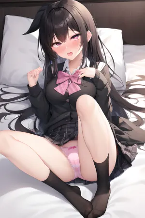 (((embarassed))), (((hand in panties))), (((masturbation))), (((ahegao))), cute tall tall girl, cute tall tall legs, arm rest, bangs, black hair, black skirt, black socks, blue eyes, bow, bowtie, brown shirt, collared shirt, disgust, feet, frown, kneehighs, long sleeves, looking at viewer, miniskirt, no shoes, on bed, open mouth, panties, pillow, pink bow, pink bowtie, plaid, plaid skirt, pleated skirt, school uniform, shaded face, shirt, hair, skirt, socks, soles, striped, striped bow, striped bowtie, teeth, underwear, upper teeth only, white panties, white shirt, <lora:ups_v0.4:1>