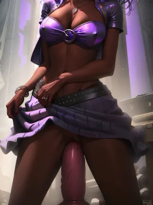 लड़की ने अपनी गर्दन और टखने के आसपास चंकी श्रृंखला के साथ एक त्वचा-तंग बैंगनी फसल शीर्ष और मिलान स्कर्ट पहनी थी। उनके पास लंबे काले बाल थे, जो उसके चेहरे पर उसकी पीठ और मुलायम विपरीत विवरण को पकड़ती थीं। उसकी डिल्डो थी