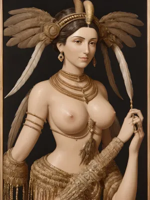 woman, The nude female figure is realistically sculpted in high-relief. Her eyes, beneath distinct, joined eyebrows, are hollow, presumably to accept some inlaying material – a feature common in stone, alabaster, and bronze sculptures of the time, but not seen in other Mesopotamian clay sculptures. Her full lips are slightly upturned at the corners. She is adorned with a four-tiered headdress of horns, topped by a disk. Her head is framed by two braids of hair, with the bulk of her hair in a bun in the back and two wedge-shaped braids extending onto her breasts. The stylized treatment of her hair could represent a ceremonial wig. She wears a single broad necklace, composed of squares that are structured with horizontal and vertical lines, possibly depicting beads, four to each square. This necklace is virtually identical to the necklace of the god found at Ur, except that the latter's necklace has three lines to a square. Around both wrists she wears bracelets which appear composed of three rings. Both hands are symmetrically lifted up, palms turned towards the viewer and detailed with visible life-, head- and heart lines, holding two rod-and-ring symbols of which only the one in the left hand is well preserved. Two wings with clearly defined, stylized feathers in three registers extend down from above her shoulders. The feathers in the top register are shown as overlapping scales, (coverts), the lower two registers have long, staggered flight feathers that appear drawn with a ruler and end in a convex trailing edge. The feathers have smooth surfaces, no barbs were drawn. The wings are similar but not entirely symmetrical, differing both in the number of the flight feathers and in the details of the coloring scheme. Her wings are spread to a triangular shape but not fully extended. The breasts are full and high, but without separately modelled nipples. Her body has been sculpted with attention to naturalistic detail, the deep navel, structured abdomen, "softly modeled pubic area" the recurve of the outline of the hips beneath the iliac crest, and the bony structure of the legs with distinct knee caps all suggest "an artistic skill that is almost certainly derived from observed study".