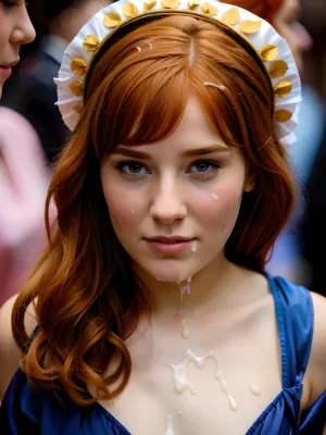 high quality, 8k wallpaper, gorgeous 18yo woman cosplaying Boticelli's Venus at cosplay convention, ginger hair, (((embarrassed))), ((ashamed)), ((chubby)), ((pubic hair)), nun, (cumhair:1), ((cum in hair)), ((cum on cloth)), <lora:cum_on_cloth:.5>, <lora:Cumhair_SD15_V1:.5>