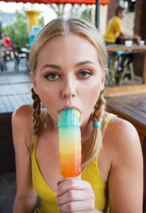 42歳のブロンドの女性がカフェでポジシクルを吸っていた、彼女に指摘した監視カメラに従った。 彼女は彼女の口に多彩のポジシクルを持っていたし、彼女が吸う間に彼女の携帯電話に文言していた