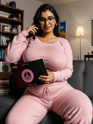 Bir curvy, büyük ass ve büyük boobs olan güzel Hintli kadın, koyu bir dairede video oyunları oynuyor, pajama pantolonuyla görünür ve kalın uylar giyiyor. Oyun oynarken büyük bir coşku var