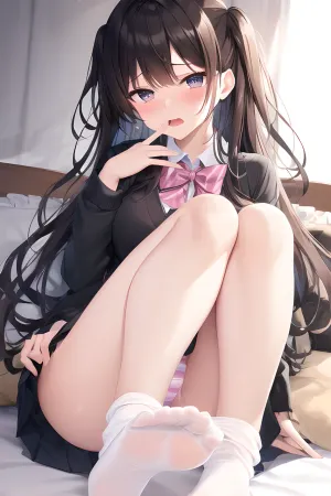 (((embarassed))), (((hand in panties))), (((masturbation))), cute tall tall girl, cute tall tall legs, arm rest, bangs, black hair, black skirt, black socks, blue eyes, bow, bowtie, brown shirt, collared shirt, disgust, feet, frown, kneehighs, long sleeves, looking at viewer, miniskirt, no shoes, on bed, open mouth, panties, pillow, pink bow, pink bowtie, plaid, plaid skirt, pleated skirt, school uniform, shaded face, shirt, hair, skirt, socks, soles, striped, striped bow, striped bowtie, teeth, underwear, upper teeth only, white panties, white shirt, <lora:ups_v0.4:1>