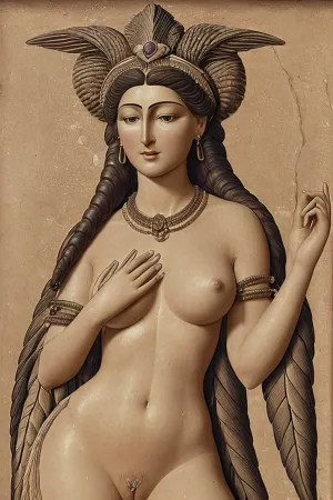 woman, a winged, nude, full-frontal nude goddess-like figure. The nude female figure is realistically sculpted in high-relief. Her eyes, beneath distinct, joined eyebrows, are hollow, presumably to accept some inlaying material – a feature common in stone, alabaster, and bronze sculptures of the time, but not seen in other Mesopotamian clay sculptures. Her full lips are slightly upturned at the corners. She is adorned with a four-tiered headdress of horns, topped by a disk. Her head is framed by two braids of hair, with the bulk of her hair in a bun in the back and two wedge-shaped braids extending onto her breasts. The stylized treatment of her hair could represent a ceremonial wig. She wears a single broad necklace, composed of squares that are structured with horizontal and vertical lines, possibly depicting beads, four to each square. This necklace is virtually identical to the necklace of the god found at Ur, except that the latter's necklace has three lines to a square. Around both wrists she wears bracelets which appear composed of three rings. Both hands are symmetrically lifted up, palms turned towards the viewer and detailed with visible life-, head- and heart lines, holding two rod-and-ring symbols of which only the one in the left hand is well preserved. Two wings with clearly defined, stylized feathers in three registers extend down from above her shoulders. The feathers in the top register are shown as overlapping scales, (coverts), the lower two registers have long, staggered flight feathers that appear drawn with a ruler and end in a convex trailing edge. The feathers have smooth surfaces, no barbs were drawn. The wings are similar but not entirely symmetrical, differing both in the number of the flight feathers and in the details of the coloring scheme. Her wings are spread to a triangular shape but not fully extended. The breasts are full and high, but without separately modelled nipples. Her body has been sculpted with attention to naturalistic detail, the deep navel, structured abdomen, "softly modeled pubic area" the recurve of the outline of the hips beneath the iliac crest, and the bony structure of the legs with distinct knee caps all suggest "an artistic skill that is almost certainly derived from observed study".