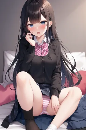 La donna nella foto indossa una minigonna e calzini, ma la sua espressione vergognosa rende chiaro che non si sta godendo. Le sue gambe sono aperte, rivelando la sua biancheria intima e il fatto che si masturba. Lei non ha