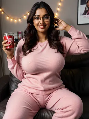 Kadın bir kanepede oturuyordu, pizza ve soda yemekken sol eli ile video oyunları oynuyordu. Büyük boobs, bir curvy gövdesi, kalın uylar ve güzel bir yüz vardı. Onun odaklandığı oyun üzerindeydi