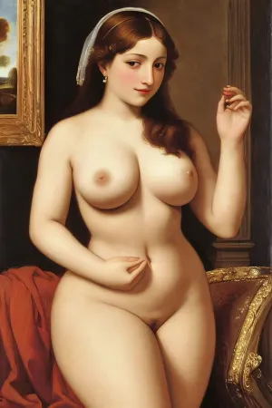 Titian's Venus of Urbino is a Renaissance painting that depicts a nude young woman reclining on a couch or bed with her right hand holding an oil painting of her voluptuous body. The woman's flesh is rendered in subtle gradations of
