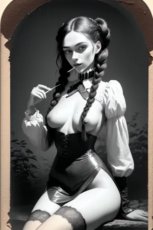 woman, (19th century vintage Victorian photograph), 1.7, tintype, dry plate, grainy, real, (best quality, fine detail, highres, 8k wallpaper), 0.3, masterpiece
foggy, (creepy woodland swamp), 1, (full-body shot), 1.3, (facing camera), 1.2, shot from a distance, long shot, 18 year old Swedish waif stands bottomless, jacket on top buttoned to the top with white lace collar, naked pussy and legs are visible in this full-body-shot photo, androgynous body, very thin, skinny legs, thigh gap, feminine features, wan, thin, black hair, long braided pigtails, tight braids parted in the middle and hanging over the front of her shoulders, natural pubic hair, thick bush of pubic hair, 19th century stockings, (pussy flash), 0.9, (text_AnalogFilm768-BW-Tintype), 1.8, text_W3DDDN3SD4Y, ((sucking a dick:1.3))