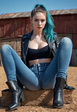 The girl was a model with perfect features and symmetrical eyes, standing at 18 years old with a large 18-year-old body, wide hips, and downy hair. Her cowboy boots added to her tough look. She was a super