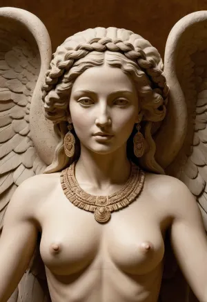 The text material describes a full-frontal nude goddess-like figure carved from a single piece of stone. Her head is sculpted with attention to naturalistic detail, and the eyes, beneath distinct, joined eyebrows, are hollowed out and turned