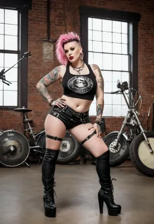 一个纹身和穿孔的朋克摇滚乐手妈妈 眼睛有诱惑力 和一双圆形的靴子 带着她高品质的 彩色的霓虹衣