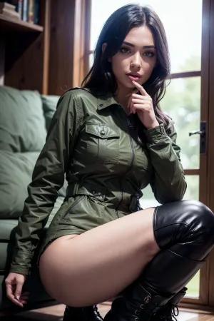 Высокоразрешительная, ультра-розничная, тонкая картина тела 30-летней женщины с оливковой армейской курткой, черные волосы, приглашая приветственные глаза и без штанов. Она приседает один палец в рот, глядя на
