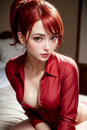 beautiful 30 year old woman wearing unbuttoned red silk pajamas sitting on edge of bed, cute face, ponytail, happy, small breasts, in bedroom, high angle, looking up, no makeup, mouth open, looking at camera, curious, excited, short hair, perfect teeth, hair up, leaning forward, perfect fingers, eager, bottomless, no panties, red hair, hands in lap