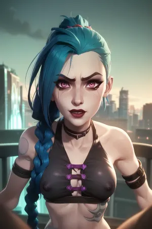 J1nx101, a girl with long hair and bangs, stands in front of the camera with her best quality and symmetrical bangs that frame her face perfectly. She has blue hair, green eyes, and symmetrical tattoos on
