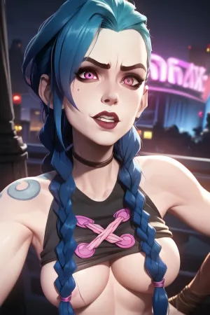 Jinx, the best quality porn with a banging solo and an arcane style. The blue haired girl in the picture has perfect eyes, a mad looking laugh, and soft lighting. She's wearing a pink shirt with asymmetrical bang