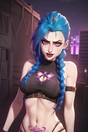 The AI generated picture of a girl with long hair and bangs, wearing a pink shirt and blue jeans, is exposed to the camera with twinkling eyes. She has an asymmetrical bangs style that reveals her tattoo on her upper arm