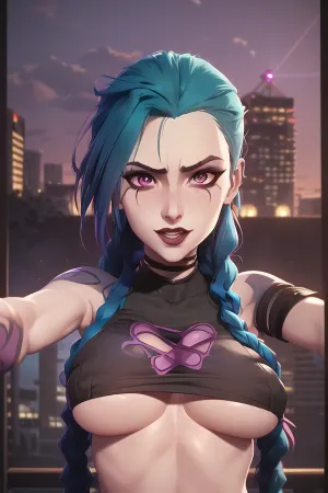 The AI generated picture of a woman with long hair and a tattoo on her upper arm, wearing a crop top and standing in front of the camera with an arcane style jinx. She is laughing uncontrollably while looking at the viewer,