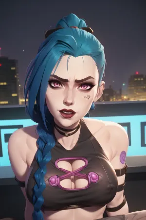 (masterpiece), (best quality), jinx \, (league of legends\), perfect eyes, arcane style, jinx, league of legends, arm tattoo, asymmetrical bangs, bangs, blue hair, braid, brown shirt, cloud tattoo, looking at viewer, laughing, crazy, uncontrollable laugh, mad look, night, city, green hair, long hair, midriff, pink eyes, red lips, solo, standing, tattoo, twin braids, upper body, arcane jinx, detailed eyes, skin details, soft lighting, kiss towards kamera, arcane, style, exposed breast, nipples, <lora:arcane_offset:.5>, j1nx101, 1girl, <lora:Arcane_jinx-v4:.5>, testicle, sucking, penis, on, face, from, side, pov, <lora:testicle sucking remake4-000006:.5>