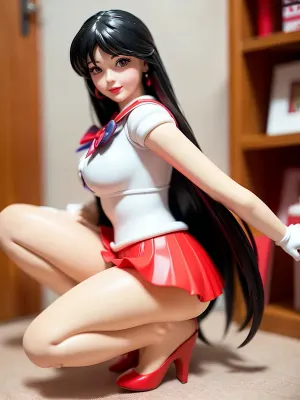 woman, beauty Model miniature Pretty sailor mars, (PVC Figure), miniature Statue, perfect PVC Figure miniature, Collection Model Toys Doll, miniature toy on the shelf, Figure 6 x 43 inches, 1/8 Scale, Pretty Girl PVC Action Figure Collectibles Model Toys Doll Gift, blue bow tie, red wheels, red mini skirt, sama1, tiara, sailor, senshi, uniform, white, gloves, red, collar, skirt, busty, full body view, side view, Long Shot angle, miniature pvc toy sexy squat pose from side, <lora:sailor_mars_v1:.7>