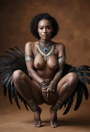 The woman, with her long black hair and dark skin, stood in front of the mirror. She was naked except for a pair of high-heeled boots that matched her feathered wings. Her body was perfect, with a perfect hourglass figure