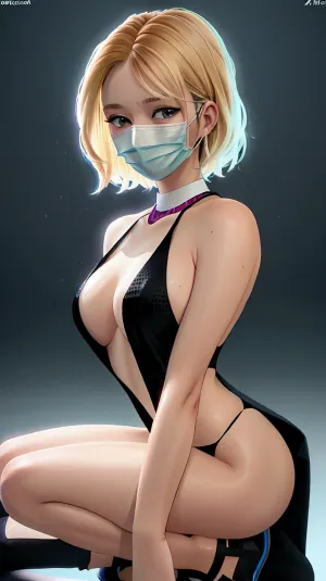 Una donna con lunghi codini e un corpo perfetto, indossando un eyeliner nero e calze, ginocchia davanti a una principessa demoniaca con gli occhi chiusi. La maschera viso della donna è leggermente aperta, rivelando la sua pelle pallida e i capelli lunghi