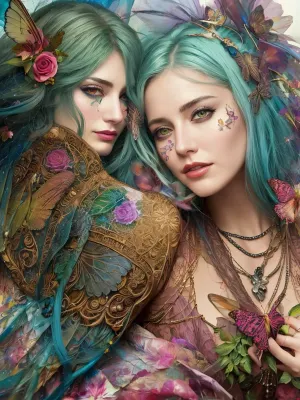 एक महिला घास में स्थित है, उसे जमीन पर नीचे का सामना करना पड़ता है। चित्र अत्यधिक विस्तृत और जटिल रूप से जीवंत रंगों के साथ रंगीन है। उसके चारों ओर तितलियों का झड़ना, और फूल पूरी तरह से खिलते हैं। यह कलाकृति Quilt से है